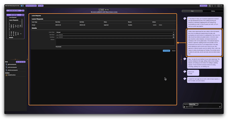 Naia AI app development tool creating backend logic with low-code automation